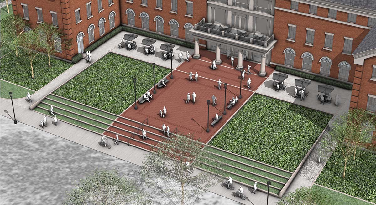 Campus Side Courtyard - Without Center Trees Aerial view of a campus courtyard with a central plaza, benches, lawns, and outdoor seating.