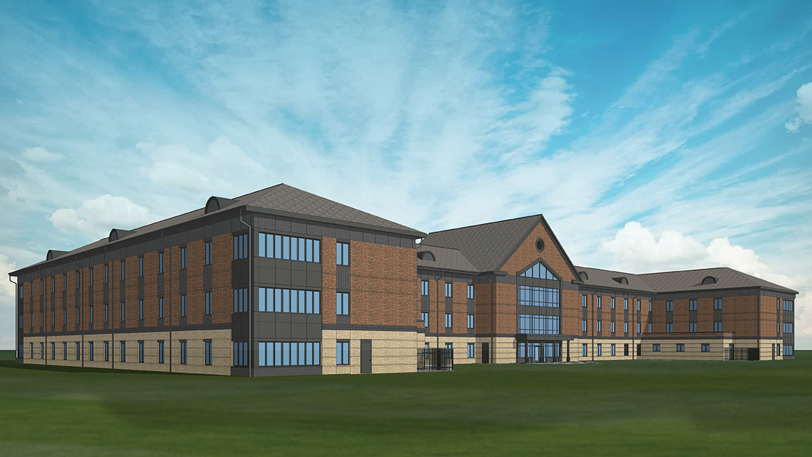 Artist rendering of a new 3-story residence hall